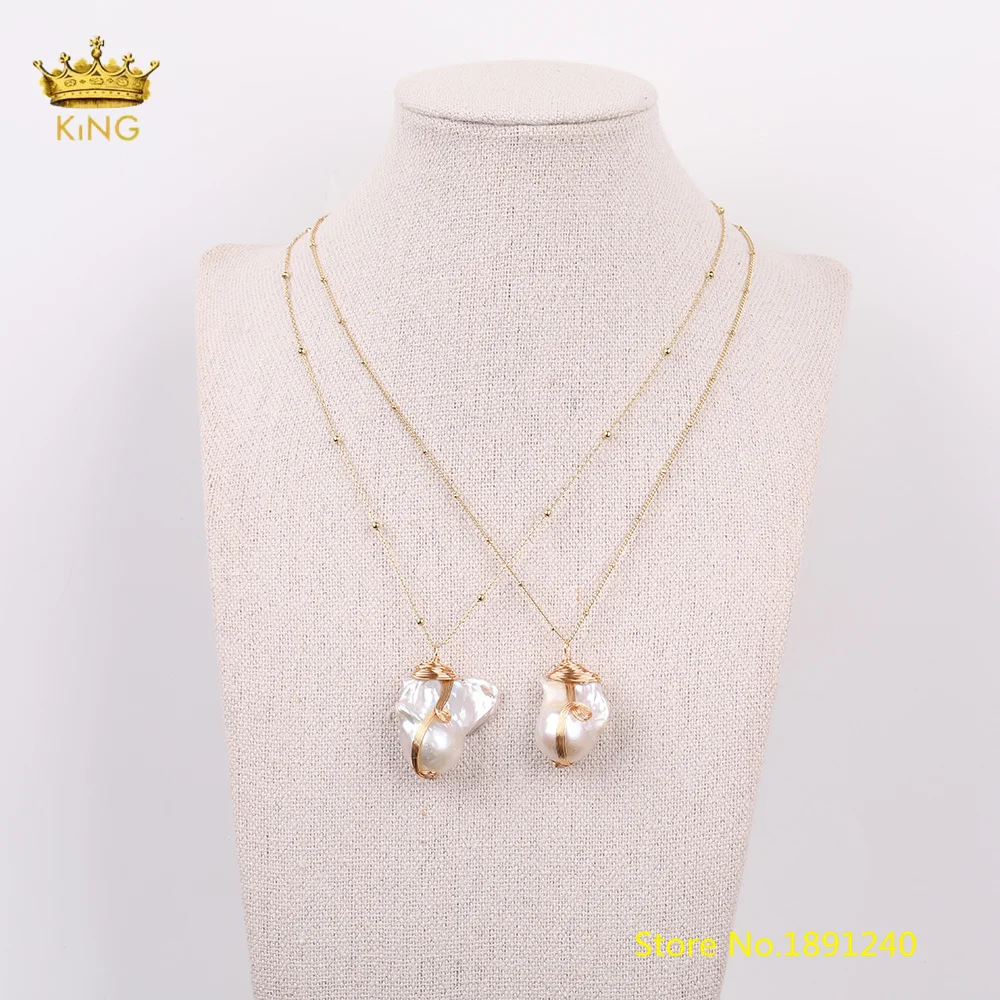 

Freeform Nugget Pearl Bead Chain Necklace,Natural Freshwater Pearl Wire Wrapped Gold Copper Beaded Pearl Pendant Necklace