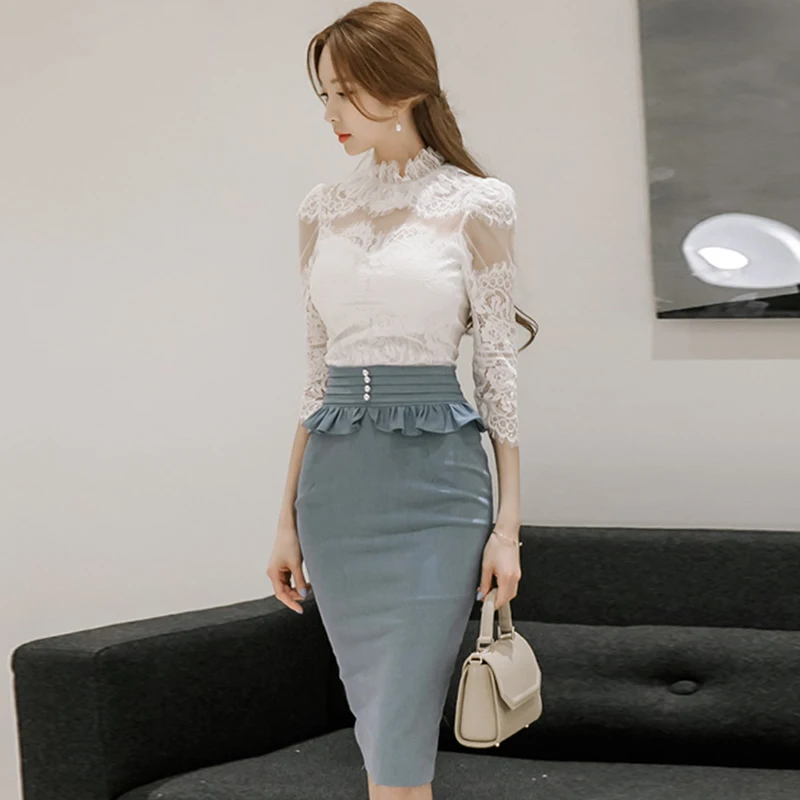 Sexy 3/4 Sleeve Lace Blouse High Waist 