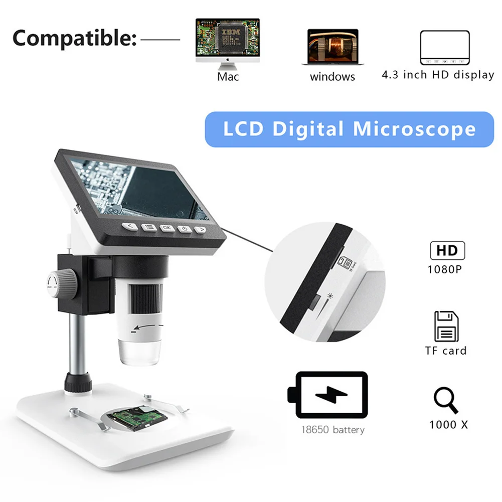 

4.3inch 1000X Jewelry Identification LED Light 1080P HD USB Charging Desk Electronic Microscope Lab Digital Video Tool Camera