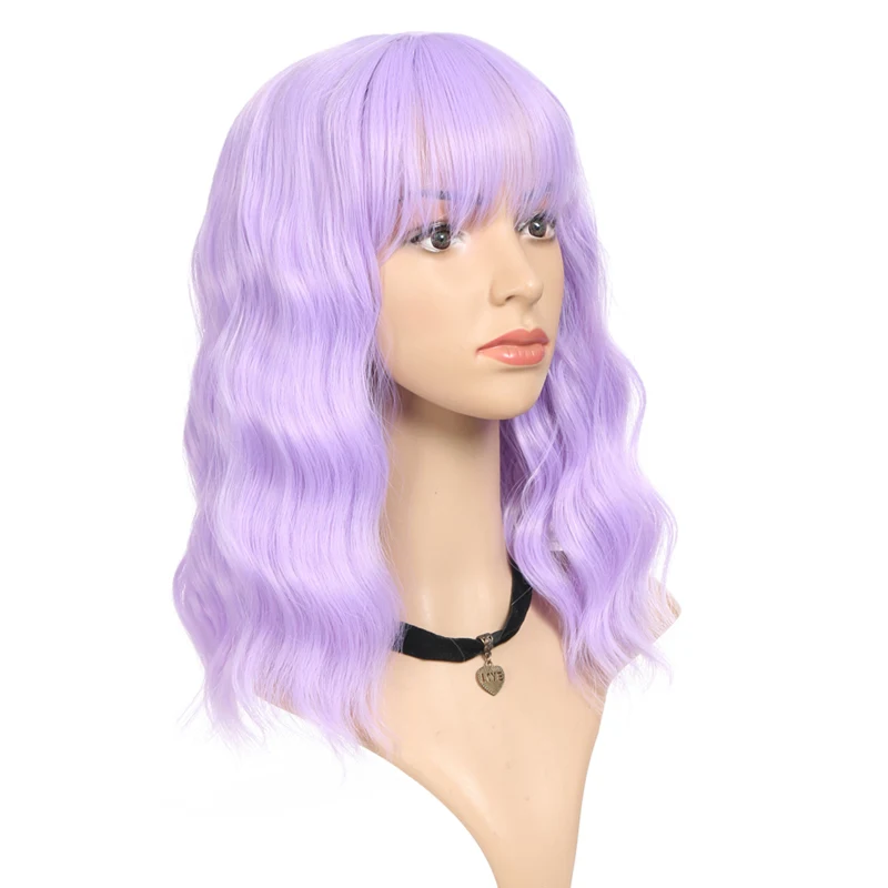 VICWIG Women's 16Inch Cosplay Wig With Bangs  Pink  Blue Golden Purple Brown Gray Curly  Hair Heat-resistant Synthetic Hair