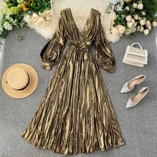 ใหม่ยุโรปชุดเดรสผู้หญิงคุณภาพสูง VINTAGE V คอยาวแขนยาวกลางชุด 2019 ฤดูใบไม้ร่วงแยกจีบชุด(China)