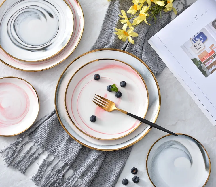 Керамическая тарелка в скандинавском стиле, тарелка, керамическая тарелка с вестерном мрамором, Повседневная тарелка, посуда, дренаж скота, фруктовая тарелка