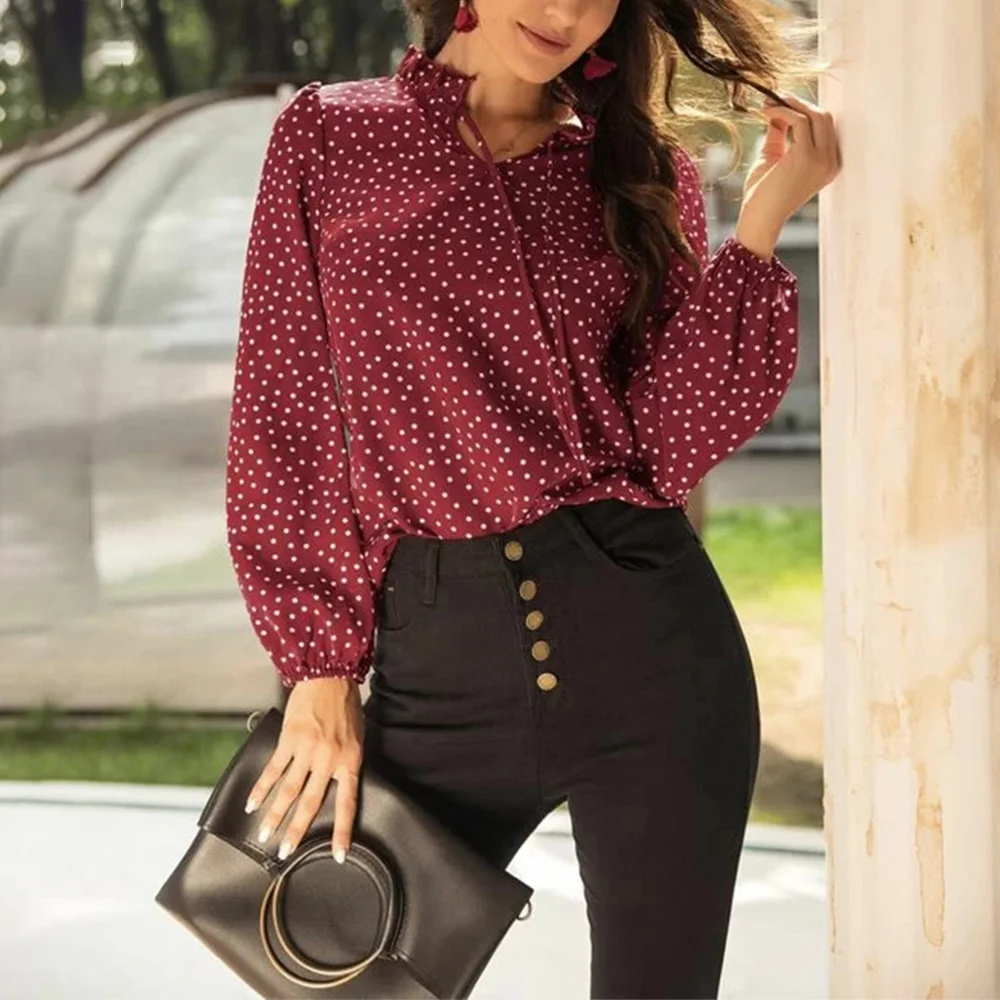 

Casual Lantern Sleeve Blouse Women Bohemia Dot Print Shirt Fashion Office Ladies Spring Chic Shirt D30