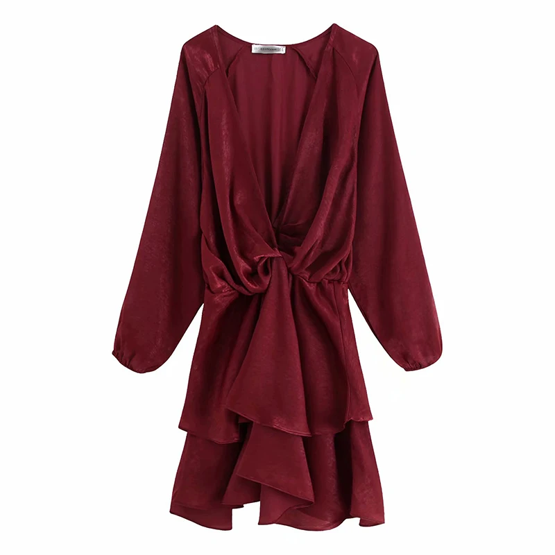 

ZXQJ Woman Satin dress 2019 new autumn soft cascading ruffle v-neck ladies lantern sleeves girls female elegant sexy dresses