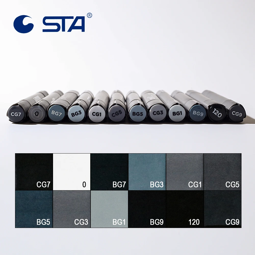 STA 12pcs Cool Grey Colors Marker Pen Grayscale Dual Head Art Markers
