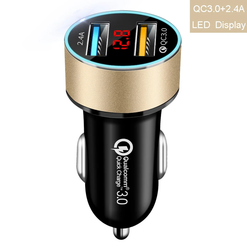 3.1A Dual USB Car Charger Quick Charge for Xiaomi Samsung iPhone 11 Tablet With LED Display Universal Mobile Phone Car-Charger - Название цвета: Gold-QC3.0