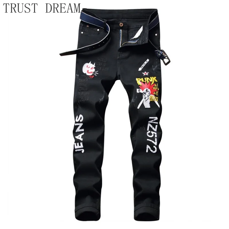 

Men Skull Letter Embroidery Ripped Jeans