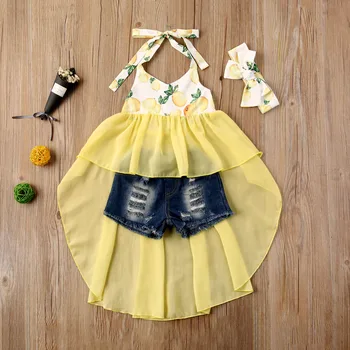 

1-6Y Infant Baby Girls Clothes Sets Lenmon Print Sleeveless Blet Lace Dress Vest+Blue Denim Shorts 2pcs