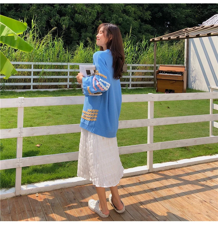 Trytree Winter Women Casual Sweater O-neck Lantern Sleeve Computer Knitted Geometric Knitted Loose Office Lady Sweater Top