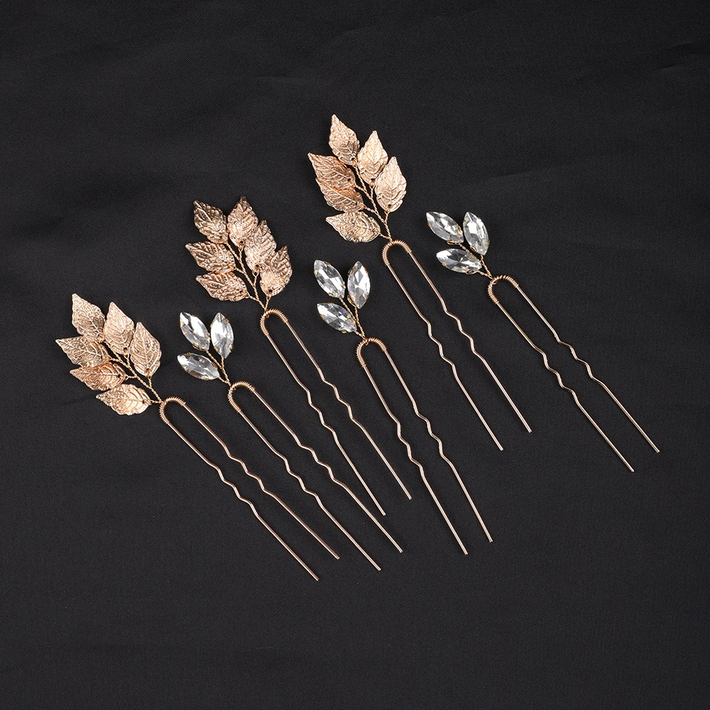 Vintage Gold Leaves 6PCS Hairpins Rhinestones Hair Clips Bridal Headwear Handmade Head Jewelry Tiaras Wedding Hair Accessories