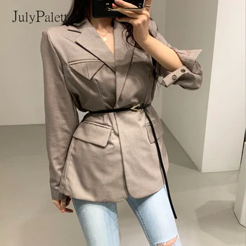 

JulyPalette Casual Women's Blazer 2020 Autumn Winter Long Sleeve Pocket Jacket Solid Slim Office Work Blazers Ladies Coats Belt