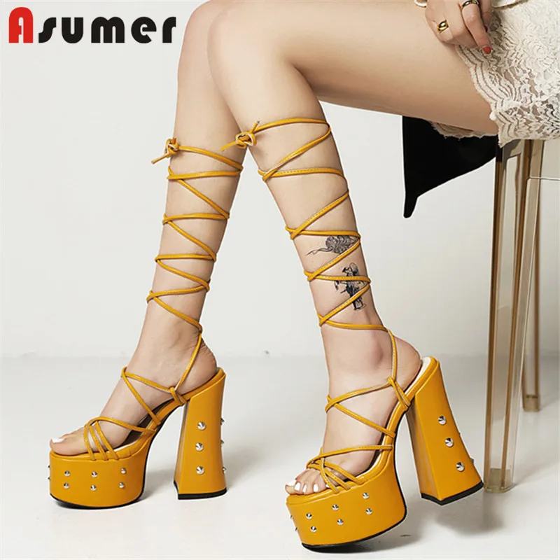 

Asumer 2021 Newest High Heels Platform Shoes Women Sandals Cross Tied Rivet Sexy Party Nightclub Shoes Ladies Gladiator Sandals