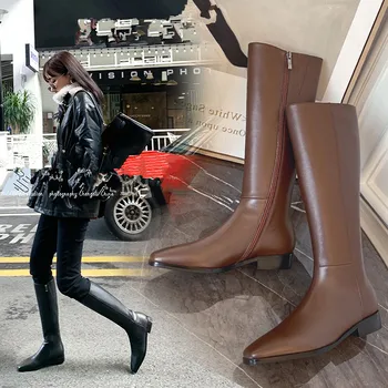 

Leather Knee High Boots Women Riding Boots low heels Casual Shoes Woman Autumn Winter Women Side Zipper Square Toe High Boots