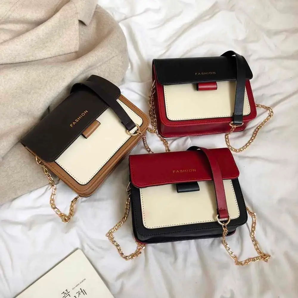 

2020 New Women Bag Shoulder Simple Messenger Small Square Bag Vintage British Style Fashion Chain Leather Stitching Wild Casual