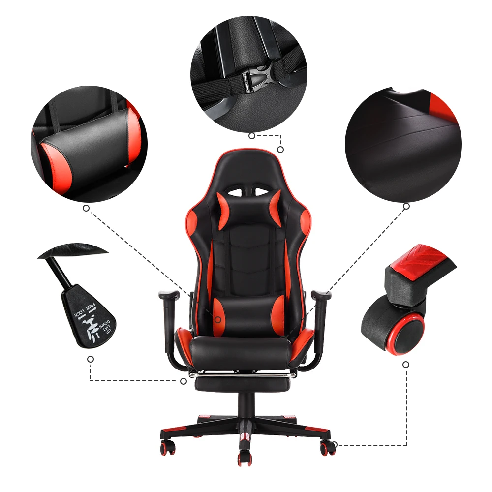 Gaming Sport Chair Swivel Gas Lift Lockable Reclining Chair with 5 Wheels Office Chair Adjustable Seat Height Pu Leather Seater