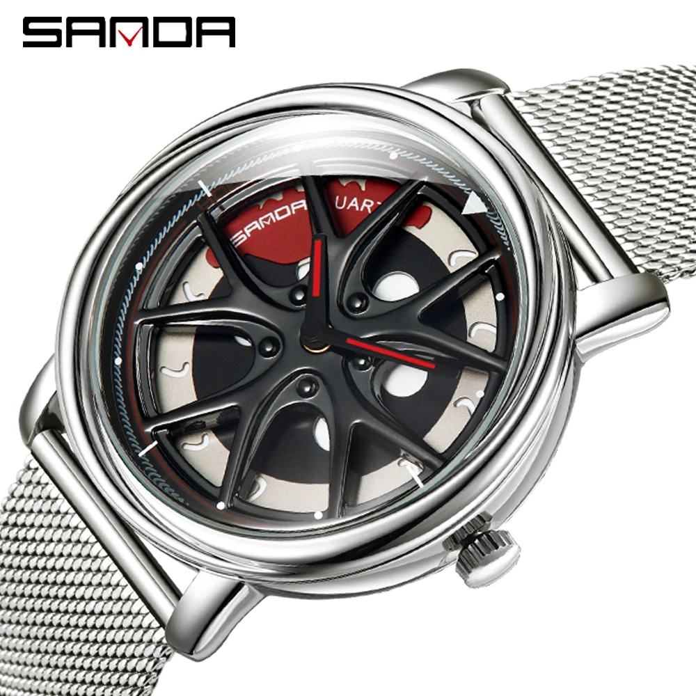 SANDA Men Rim Hub Watch Custom Design Car Wrist Watch Stainless Steel Custom not Printing Wheel Rim Hub Rotating Dial Watches 