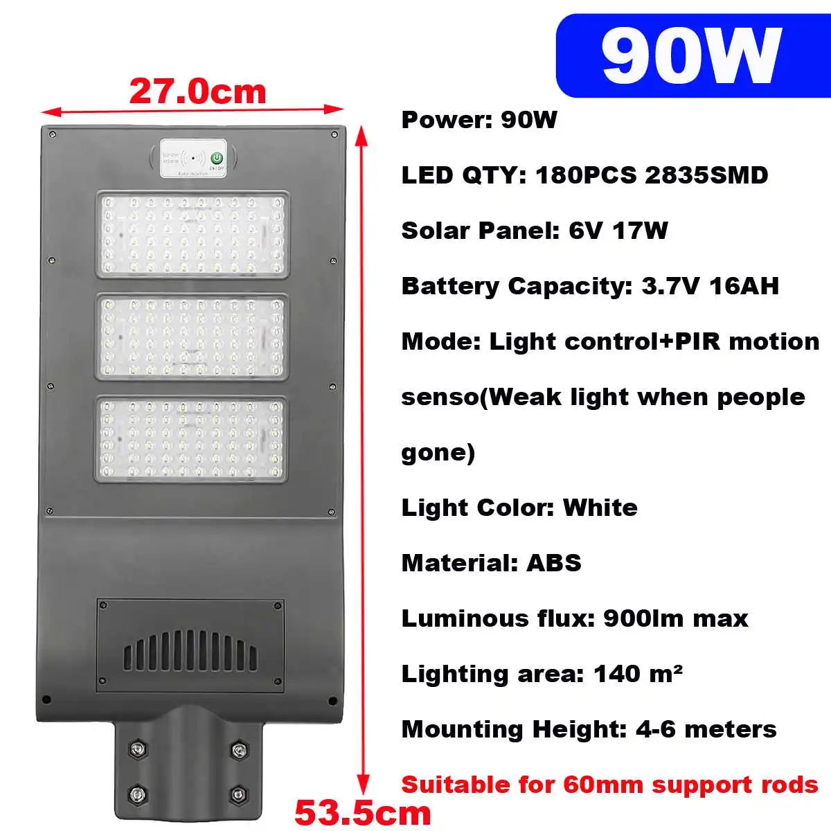 

90W All-in-one Solar 180LEDs Solar Street Light PIR Motion Sensor Waterproof Outdoor Garden Road Street Pathway Lamp