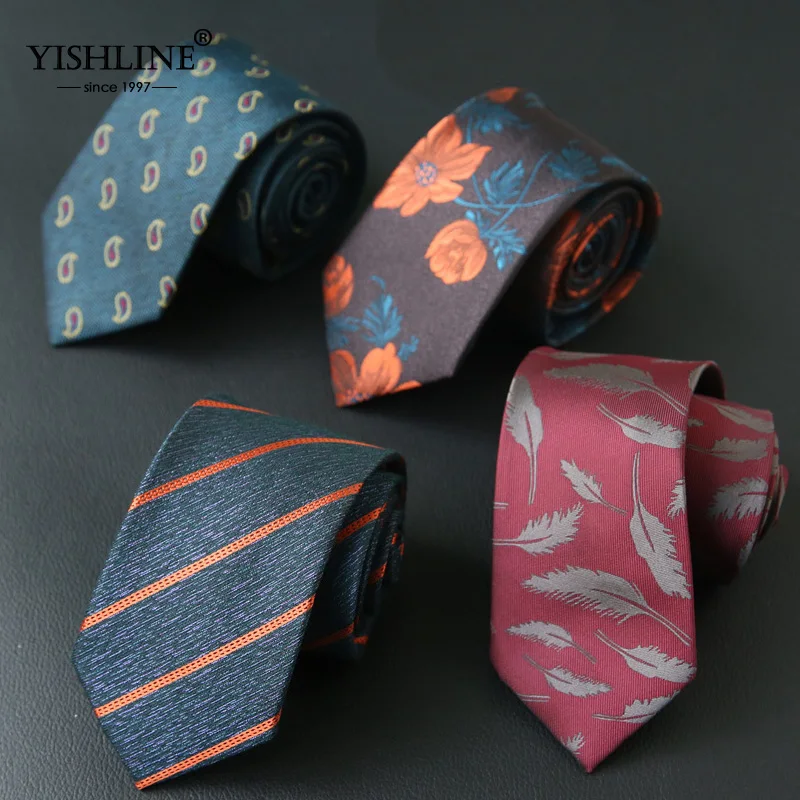 

YISHLINE 7CM Mens tie Striped Paisley Feather Floral Slim Neck Ties For Neckties Business Neckwear Mens Wedding Tie Skinny