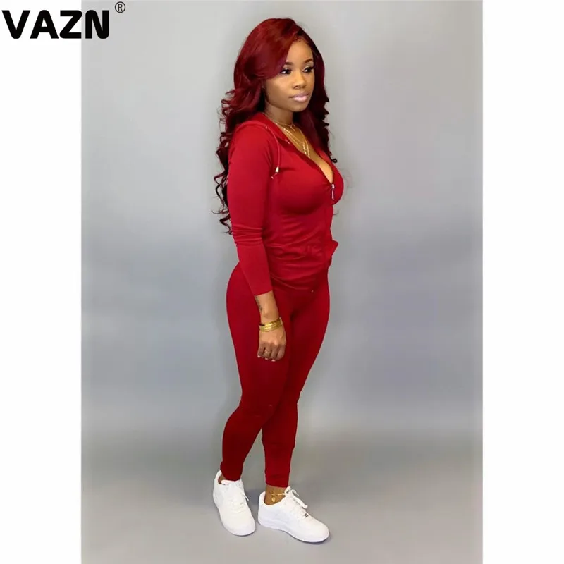 VAZN OMF5093 Топ Плюс Размер повседневный костюм свободный мягкий модный спортивный костюм сплошной 2 цвета длинный рукав длинные брюки тонкий женский комплект из 2 предметов