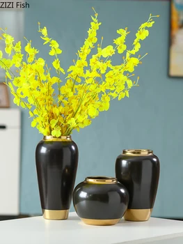 

CLASSIC ARC CERAMICS VASES FLOWER INSERT BLACK GLAZE GOLD-PLATED PORCELAIN VASE DESK DECORATION NORDIC FLORAL MODERN HOME DECOR