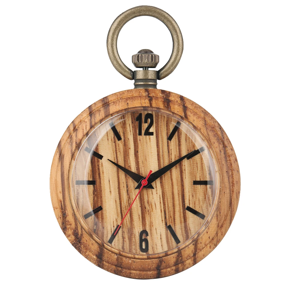 Concise Solid Wooden Case Pocket Watch for Men Vintage Bronze Rough Chain Large Brown Dial Clock 5