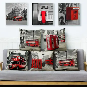 

Red London Bus Print Cushion Cover Square Throw Pillows Cases Sofa Home Decor