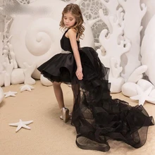 Baby Junior Girls Black A Line Birthday Dresses Flower Girl Dresses First Communication Dress 2021 with Detachable Train