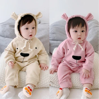 

2020 Korean Baby Girls Onesie Warm Cotton Bear Ear Baby Boys Costume Romper Clothes Long Sleeve New Born Jumpuits Overalls 0-18M