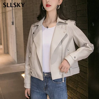 

SLLSKY New Faux Leather Jacket Women Solid Slim Punk Coat Spring Autumn Streetwear Ladies Casual Biker Motorcycle Jackets