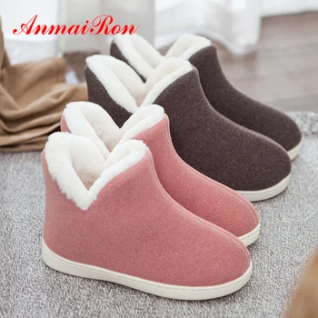 

ANMAIRON Large Size Multi-color Optional Flock Snow Boots Ankle Slip-On Round Toe Womens Shoes Flat Solid Plush Shallow Boots