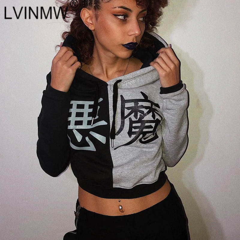 

LVINMW Fashion Casual Patchwork Demon Print Long Sleeve Hoodies 2019 Autumn Women Cotton Loose Crop Top Female Sweatshirts Tops