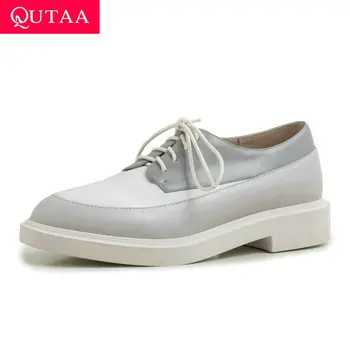 

QUTAA 2020 Round Toe Square Heel Lace Up Casual Women Single Shoes Spring Mixed Color Cow Leather Fashion Ladies Pumps Size34-39