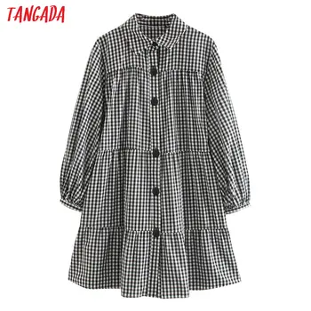 

Tangada Japnese fashion women plaid print loose mini dress puff long sleeve ladies oversized dress vestidos 5Z33