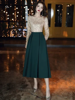 

Long Sleeves Prom Dresses 2020 Elegant O-neck A-line Tea-length Green Spandex Satin Plus Size Mother Of The Bride Dresses