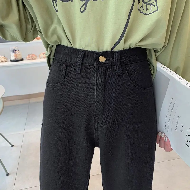 Jeans Women High Waist Black Solid Causal Slim Trousers Womens Korean Fashion Streetwear Ankle-length Vintage Washed Hole Chic