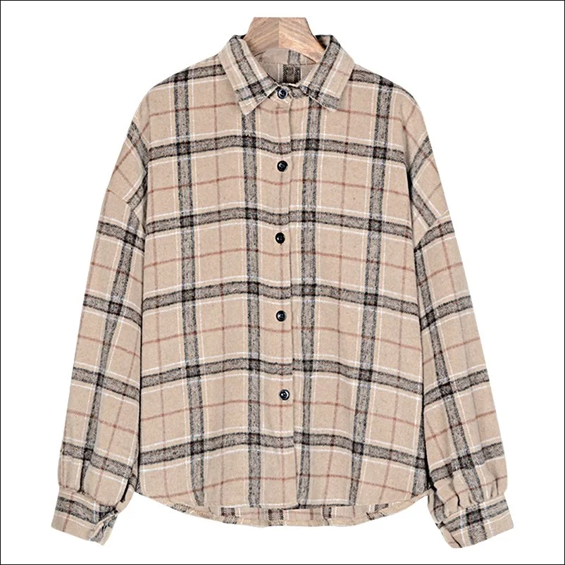 Женский шерстяной кардиган в клетку на весну и осень рубашка с пышными рукавами