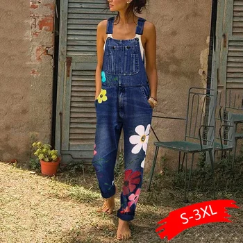 

2020 New Brand Autumn Jumpsuit Women Blue Long Denim Jeans Casual Floral Printed Pocket Jeans Romper Trendy Femme Long Overalls