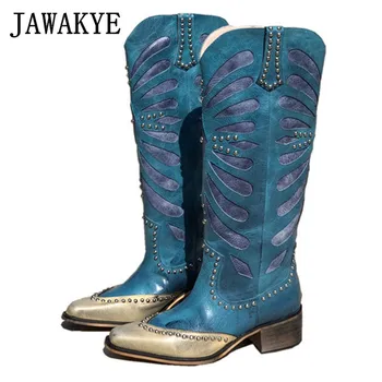 

Retro Rivets Knee High Boots Women Square Toe Block Heels Knight Boots Mixed Color Patchwork Western Cowboy Boots Runway Design
