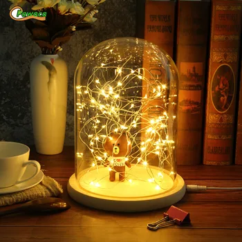 

Creative Glass Dome Bell Jar Display Wooden Base with LED Light Warm Fairy Starry String Lights Desk Ornament for Home Decor