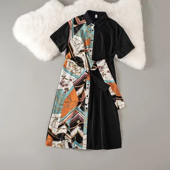 

Cthink Good Quality Patchwork Stain Black Summer Dress 2020 Plus Size Korean Fashion Designer Turn Down Collar Dresses For Women