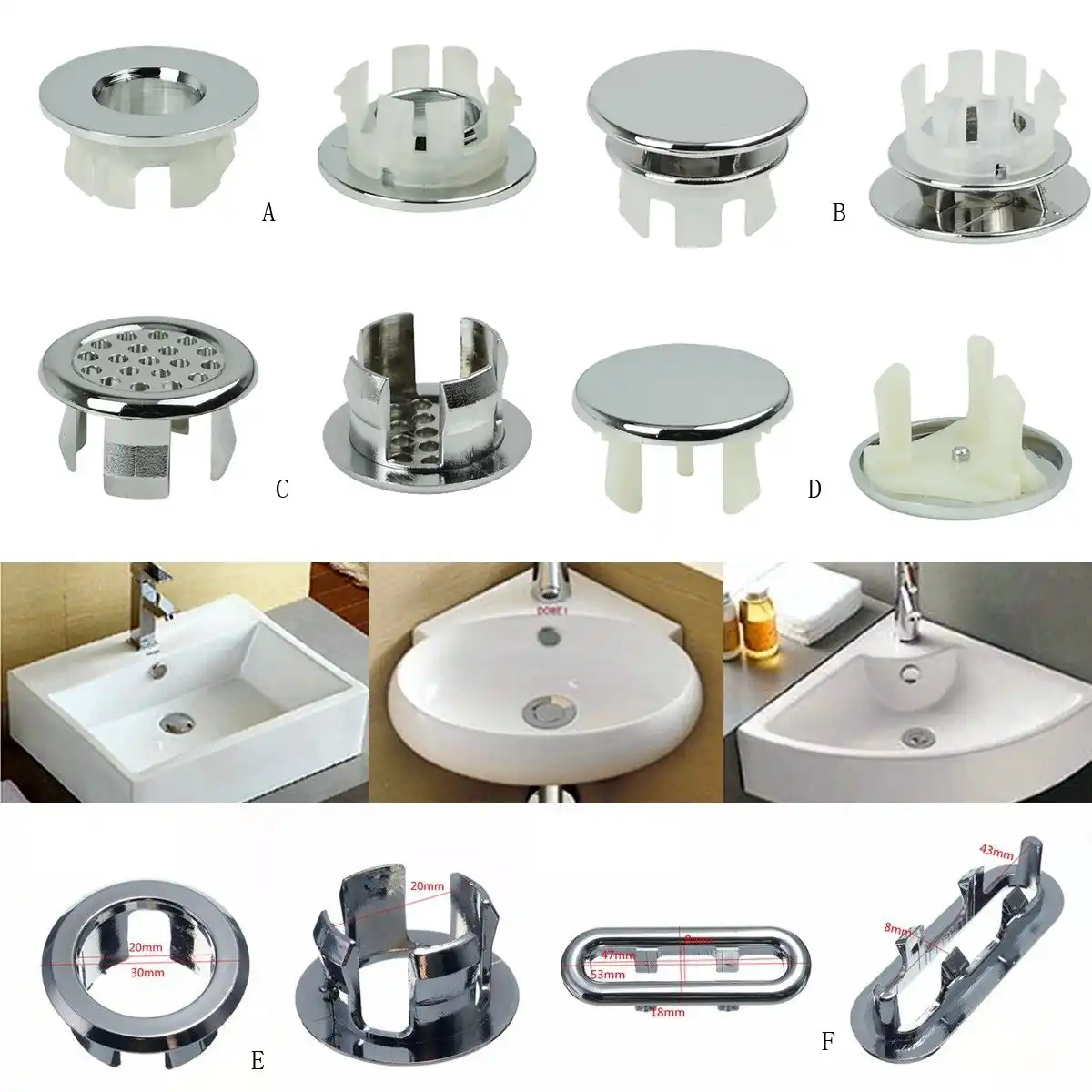 6 Types 1 Pc Sink Round Ring Overflow Spare Cover Tidy Chrome Trim