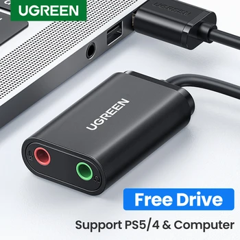 UGREEN-tarjeta de sonido con interfaz USB para auriculares, Adaptador de Audio con micrófono para ordenador PS4 5, tarjeta de sonido externa 1