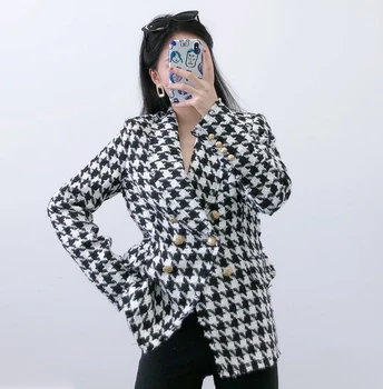 

Spring Houndstooth Plaid Blazer Women Casual Women Blazers And Jackets Korean Double Breasted Office Suit Jacket