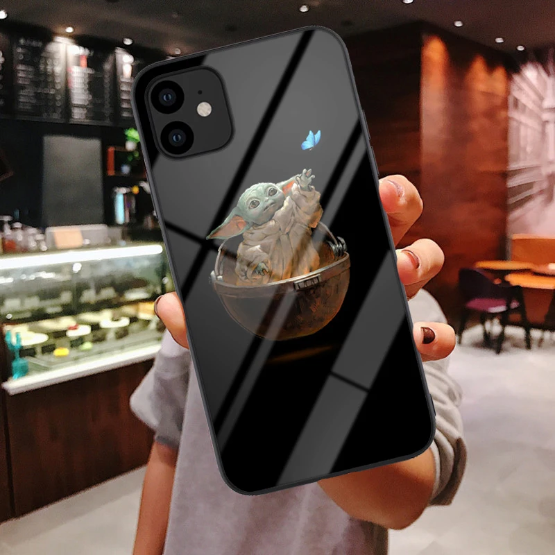 Милый мягкий силиконовый чехол из закаленного стекла для телефона Baby yoda meme для iPhone 6 6s 7 8 Plus X XR XS 11 Pro Max черный чехол - Цвет: Glass shell