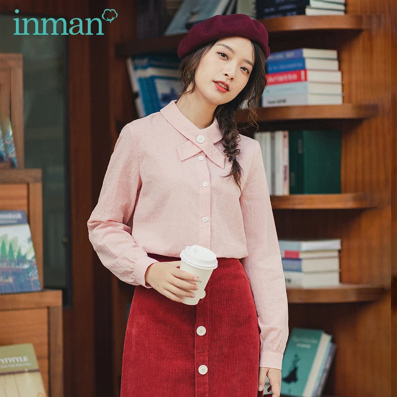 

INMAN 2020 Spring New Arrival Literary Age Reducing Solid Color Single Breasted Women Loose Style Shirt