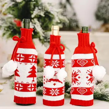 

Knitting Christmas Tree Elk Snowflake Drawstring Wine Bottle Cover Champagne Packaging Bag Xmas Dinner Table Decoration