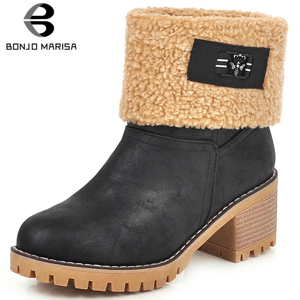 

BONJOMARISA Winter 34-46 Retro Turned Over Edges Booties Ladies Platform Ankle Boots Women 2019 non-slip High Heels Shoes Woman