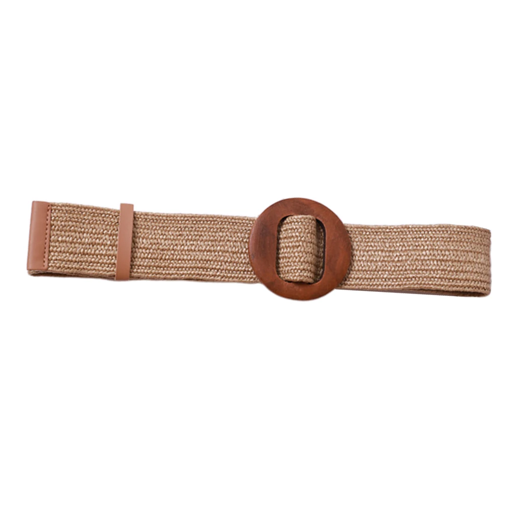 Women Braided Straw Waistband Cinch Belt With Round Wooden Buckle Women Braided Straw Waistband Cinch Belt With Round Wooden Buckle