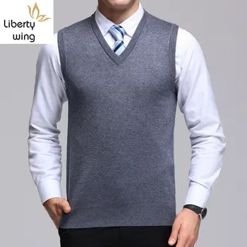 

Thick Winter V-Neck Men Wool Vests Business Solid Waistcoat Fashion Warm Knitting Tops Sleeveless Jacket Coletes Masculino