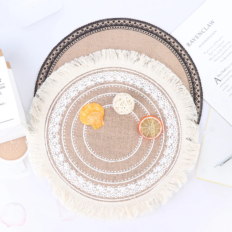 1Pcs Coffee Cup Mats Furniture Decoration Embroidery Table Placemat Non-slip Tassels Tableware Cotton Linen Mat Coffee Cup Mats